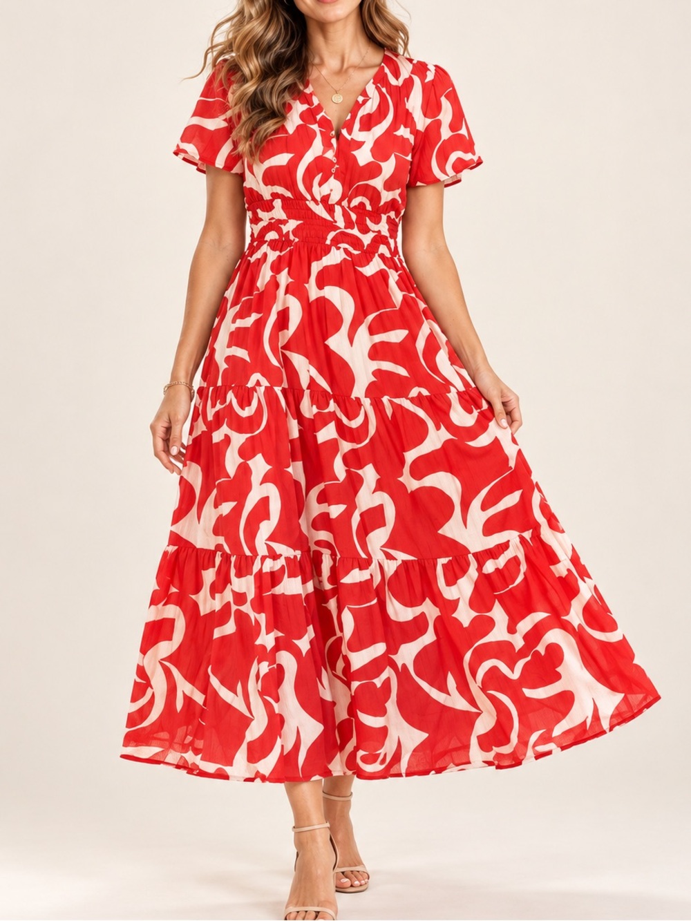 Anthropologie Meadow Rhodes Red and White Maxi Dress Small Smocked Puff Sleeve